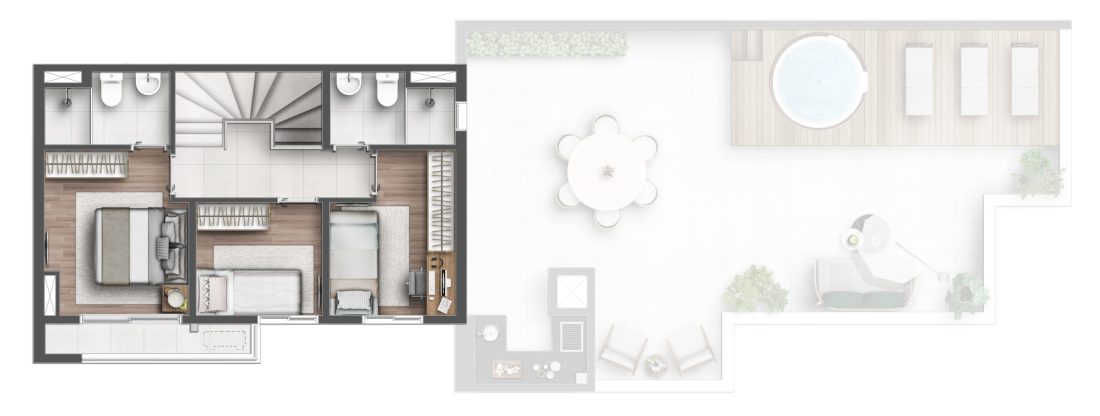 Duplex · 3 dormitórios com suíte · 152 m² — pavimento superior — Lyon Penha, Penha de França — perspectiva ilustrativa